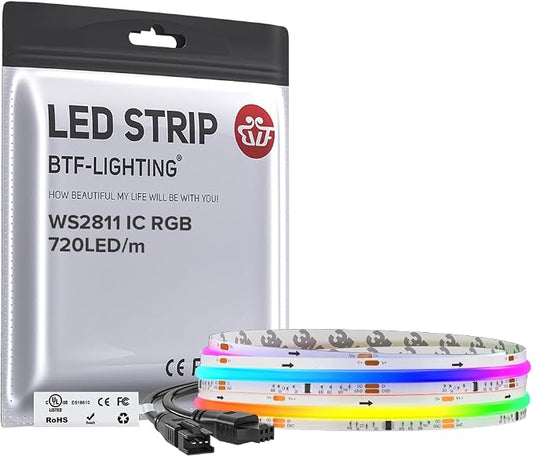 BTF-LIGHTING WS2811 Smart IC RGB FCOB COB LED Strip, UL Listed 720LEDs/m High Density Color Chasing Uniform Light, DC12V 3.28FT 12mm Width Tape Light for Home Party DIY Decor(No Adapter or Controller)