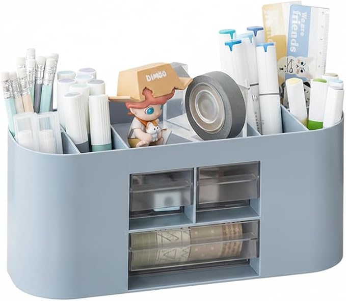 School Supplies Organizer with Drawers, Pen Holder, Blue | Student desk organizer with removable dividers and clear drawers for pens, markers, art tools and school supplies.