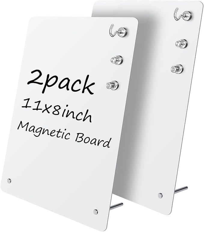 2 Pack Small Magnet Board - White Magnetic Board | 11x8Inch Metal Magnetic Bulletin Board with 6 Magnets, Magnet Display Stand for Home School Kitchen Office