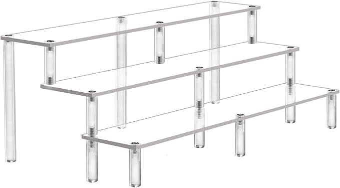 Acrylic Riser Display Shelf, 3 Tier Acrylic Shelves for Figures, 15.8 Inch | Large Clear Perfume Organizer, Display Stand for Funko Pop Amiibo Figures, Shelf Risers for Cupcake and Collectibles, 1 Pack
