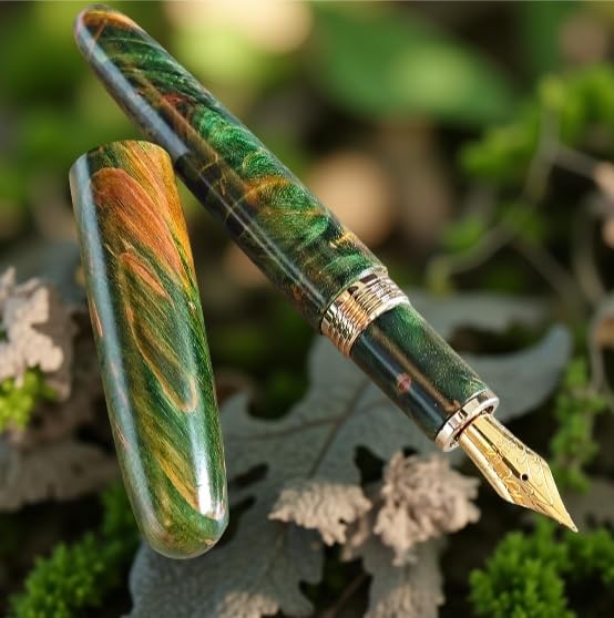 Luxury Stabilized Wood Fountain Pen – Handmade Natural Wood & Resin Barrel, Fine Nib Writing Pen with Converter – Executive Business Pen, Collectible Gift for Men & Women (Emerald Enchantment)