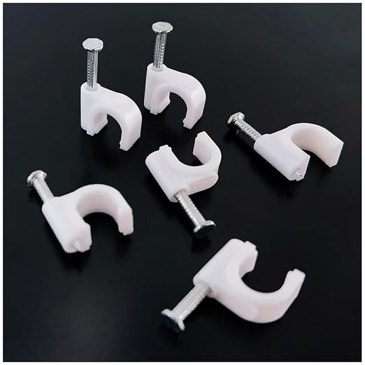 HS Cable Clips 8mm with Steel Nail 200 Pieces White,Ethernet Management U Shaped Wire Cord Staples Hooks for Outdoor Wall,Coax Cat7 RG8 Cable Extension Fasteners