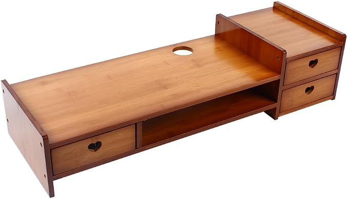 Bamboo Desk Monitor Stand with Drawer Wooden Computer Stand for Desk Monitor Riser with Storage for Laptop, PC Screen, TV, Printer, 3 Drawers + Hidden Keyboard Space