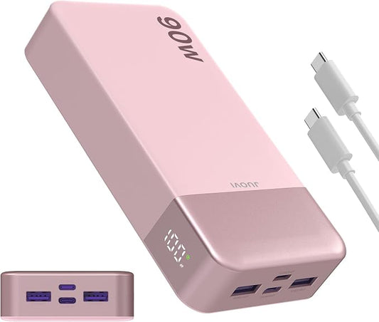 JUOVI Portable Charger, 90W Laptop Power Bank 20000mAh Portable Phone Charger, Power Bank Fast Charging with 2 USB-C & 2 USB-A Ports,Battery Bank for MacBook iPhone 17/16/15 Series, Galaxy(Pink)