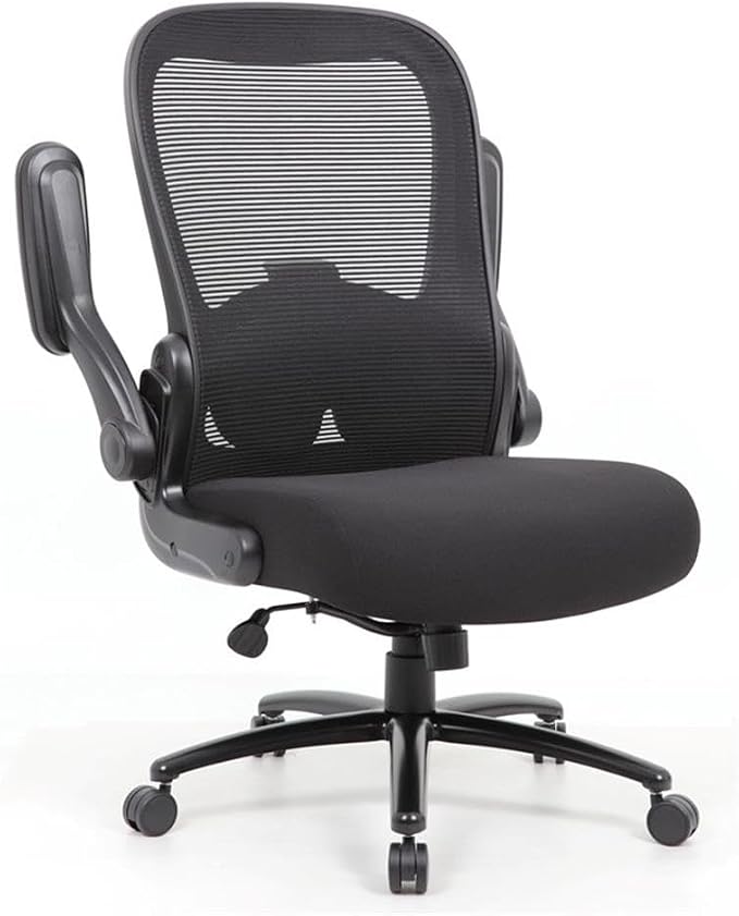 Scranton & Co Heavy Duty Flip Arm Mesh Task Chair, 400 lb Capacity, Adjustable Lumbar Support, Black Fabric Upholstery, 30.5" W x 30" D x 43.5-46.5" H, Ergonomic Office Chair for Home or Workplace