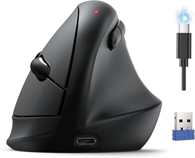 TECKNET Ergonomic Mouse, Wireless Bluetooth Vertical Mouse (BT5.3/3.0 & 2.4G) Rechargeable 4800 DPI Optical Mouse with 6 Adjustable DPI, Quiet Clicks, USB A Receiver, 6 Buttons - Wide Compatibility