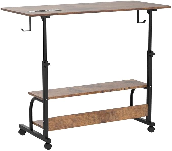 Armocity Rolling Standing Desk with Charging Station, Portable Height Adjustable Mobile Computer Desk with Wheels & 2-Tier Shelves & Hooks, Easy Assembly Laptop Table for Couch Bed, 39" Rustic Brown