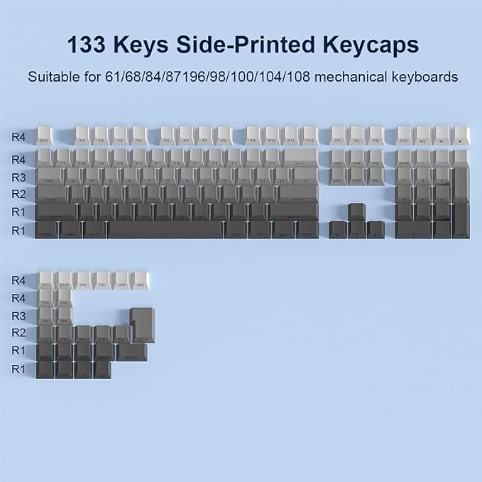 PBT Keycaps Side Print Key Cap Set, Double Shot Shine Through Custom Keycaps, Cherry Profile 133 Keys for Mechanical Keyboards Gradient Blue (Gradient Gray)