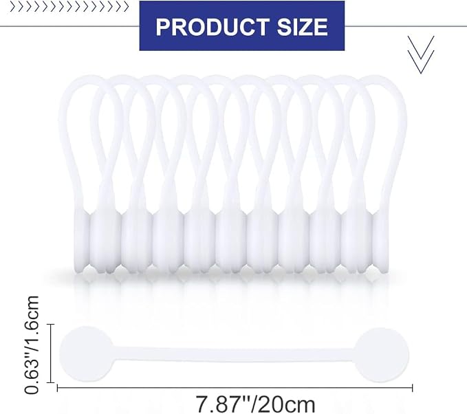 Kanemc 7.9'' Magnetic Cord Ties with Tags,Magnetic Twist Ties(10PCS-White) | Magnetic Cable Ties with Strong Magnet for Bundling Cables,Silicone Magnetic Cable Organizer Ties for home,Office,School