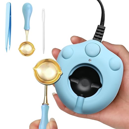 Dual-Spout Electric Wax Seal Warmer Blue with Spoon Tweezers Stirring for Melting Wax Sealing Beads