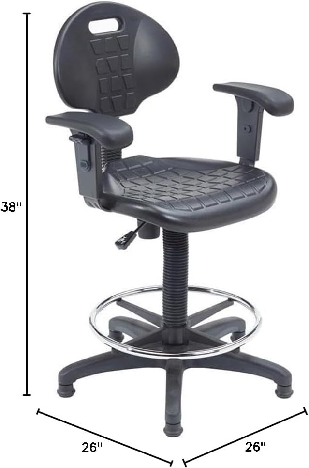 Pemberly Row Modern Polyurethane Task Chair with Arms, Adjustable 22-32 in Height, Black Finish, Heavy Duty Steel Frame, Waterfall Seat, Ribbed Design, Home Office or Industrial Desk Chair