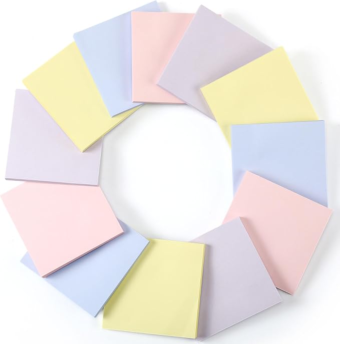 Thenshop 12 Pads Pastel Sticky Notes 3''x3'', Self Stick Notes Pads Pastel Office Supplies, Vintage Aesthetic School Accessories 50 Sheets/pad