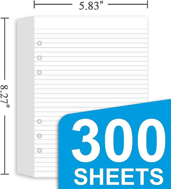 (3 Pack) A5 Lined Paper Refills - 6 Hole Punched, 300 Sheets/600 Pages Ruled Paper, Refills for Filofax Planner/A5 Binders/Organizer, 100gsm, 5.8'' x 8.3''