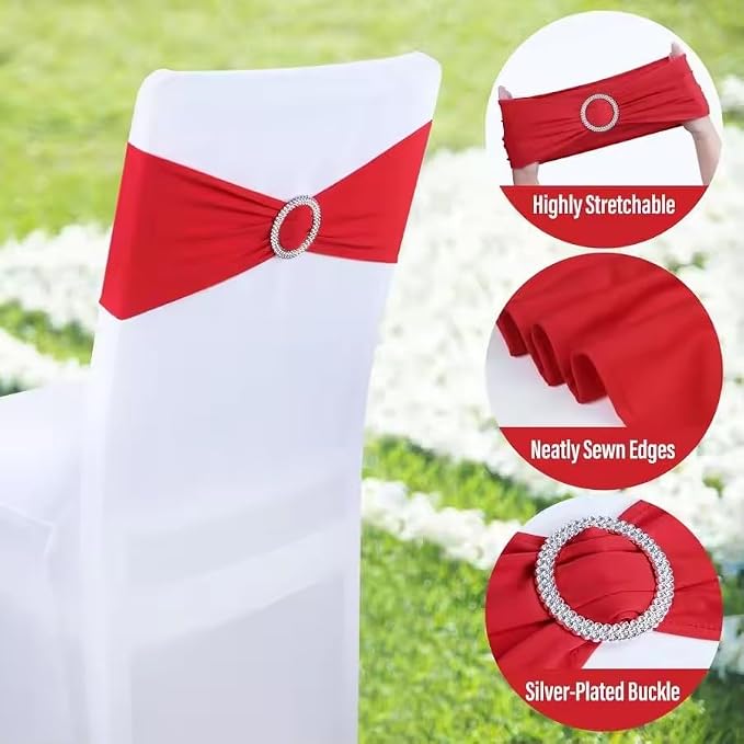 Tvoip 10PCS Chair Cover Stretch Band with Buckle Slider Sashes Bow Wedding Banquet Chair Decoration (Red)