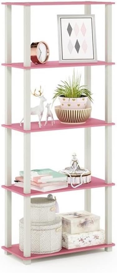 Furinno Turn-N-Tube 5-Tier Multipurpose Shelf / Display Rack / Storage Shelf / Bookshelf, Square Tubes, Pink/White