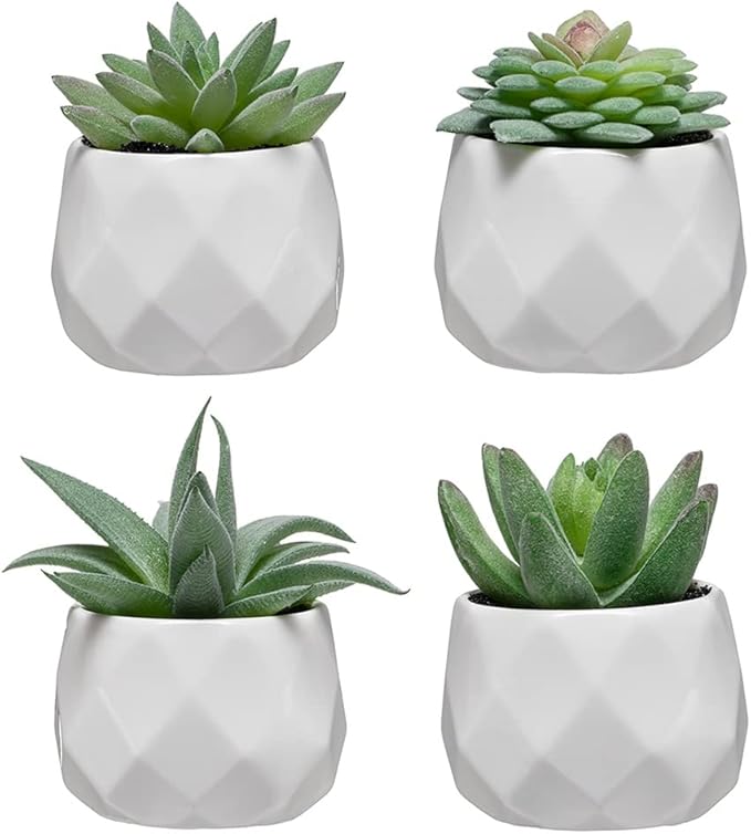 CADNLY Fake Succulent Plant Set - Artificial Plants for Women Desk - Realistic Faux Succulents in Ceramic Pots - Mini Green Decor for Bedroom Bathroom Office Shelf 4 Pack