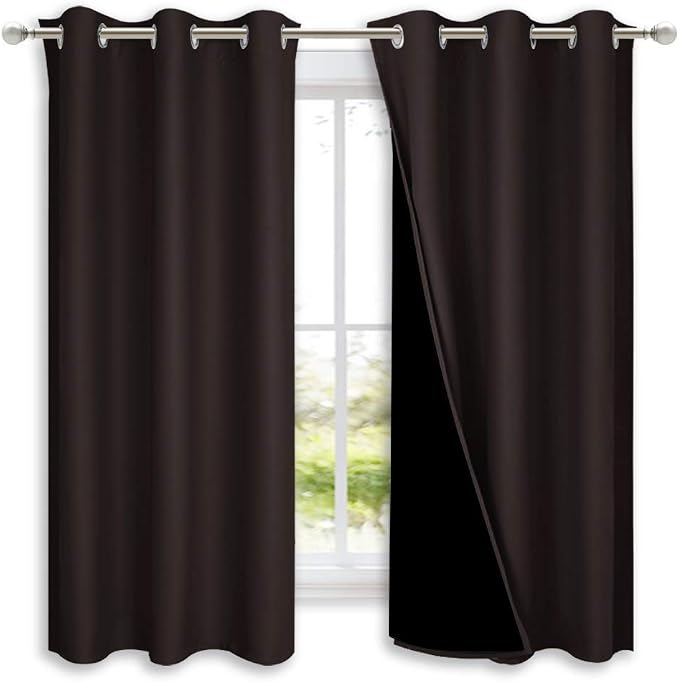 NICETOWN 100% Blackout Curtains 54 inches Long, Brown, 1 Pair, 42 inches Width Each Panel, Double-Deck Completely Blackout Window Treatment Thermal Insulated Lined Drapes for Small Window