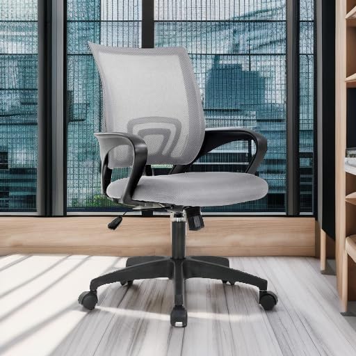 BestOffice | Ergonomic Office Chair | Mid-Back Swivel Desk Chair | Breathable Backrest & Lumbar Support | Adjustable Height | Sponge Seat | Rolling Wheels | Grey | for Adults & Women