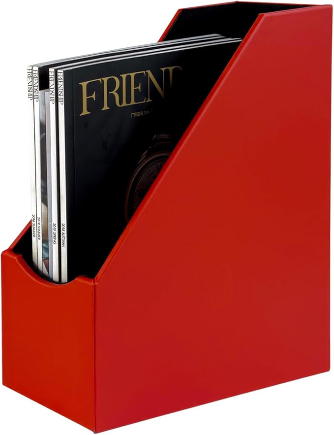 UnionBasic Magazine File Holder, Leatherette Desktop Document Organizer, Home Office Paper Holder File Storage Literature Sorter, Red