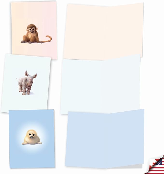 The Best Card Company Assorted Wildlife Watercolor Blank Animal Greeting Card Box Set - 10 Unique Notecards Designs + Envelopes, for Thank You, Invitations, More - Zoo Babies M6726OCB
