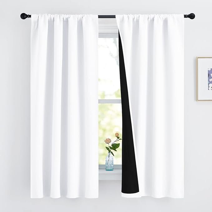 NICETOWN White 100% Blackout Lined Curtains, 2 Thick Layers Completely Blackout Rod Pocket Thermal Insulated Drapes for Kitchen/Bedroom (1 Pair, 42 inches Width x 63 inches Length Each Panel)