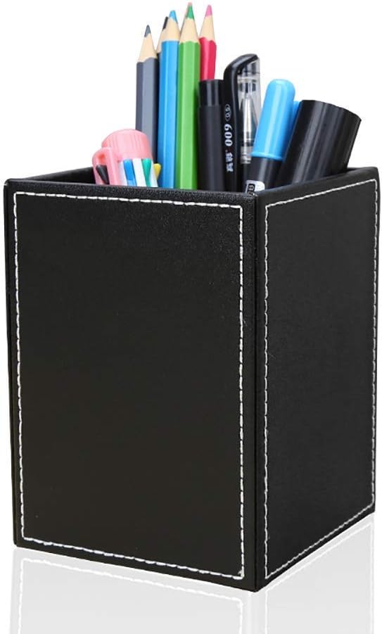 PU Leather Square Pens Pencils Holder Cup Desktop Stationery Organizer Case Office Accessories Container Box (black)