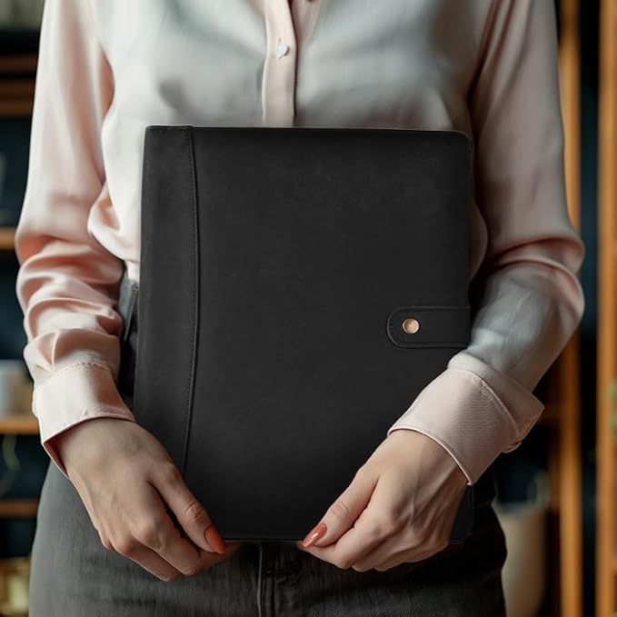 Leather Village Leather Portfolio Organizer - Professional Business Padfolio for Men & Women - Stylish Document Card Holder, Resume Folder, Folio for A4/Letter Size Writing Legal Pad, Black