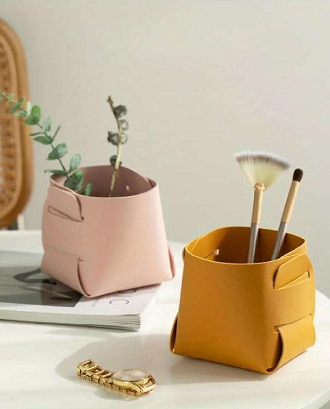 Multi-purpose Nordic Leather Desktop Storage Box - Makeup Brush Holder, Pen Organizer for Table, Innovative Design Desk Organizer for Home & Office (Grey)
