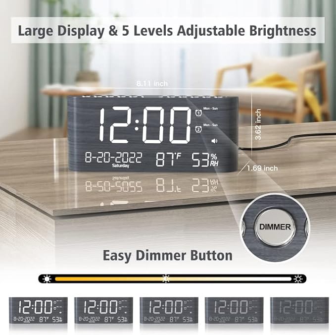 Mesqool Digital Alarm Clock, with Calendar Temperature and Humidity | Loud Volume, Dual Alarm, USB and Type-C Charging Ports, Dimmer, 12/24H, Snooze, Stylish Digital Clock for Décor