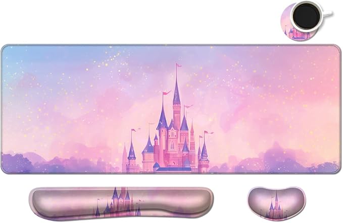 Desk Mat, Large Gaming Mouse Pad with Wrist Rest, 4 in1 XXL Mouse pad+Keyboard Wrist Rest+Mouse Pad Wrist Support+Cup Coaster Set, Ergonomic Desk Pad for Home Office,Pink Castle