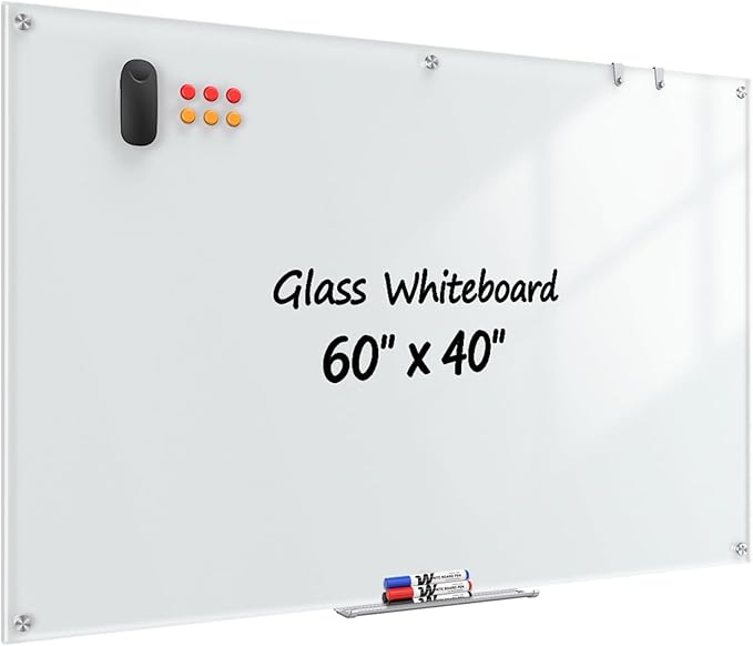 Glass Whiteboard 60" x 40", Frameless Wall Mounted Dry Erase Board with Tempered Glass Surface, Steel-Backed Magnetic Support, Tray, Eraser, Markers & Magnets for Office, School, Home