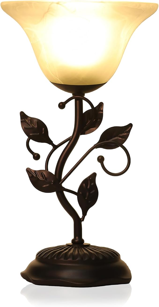 Vintage Table Lamp, Metal Leaf Black Base Decor Lamp, 7.28×7.28×14.29 inch LED Floral Desk Light, With frosted Glass Shade, One-Button Switch for Bedroom, Living Room, Nightstand, LED Bulb Included