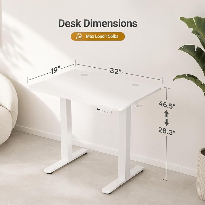 Claiks Electric Small Standing Desk, 32x19 Inch, White | Adjustable height for sit-stand, 156lbs capacity, scratch-resistant surface, 3 memory presets, cable management & hook.