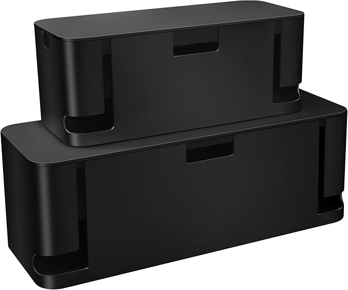 ZhiYo 2 Pack Cable Management Box, Medium & XL, Power Strip Organizer Black | Hidden Rear Cable Routing, Durable ABS Construction, Fits Power Strips Up to 13.4", Ideal for Desks, TV Areas & Floor Corners