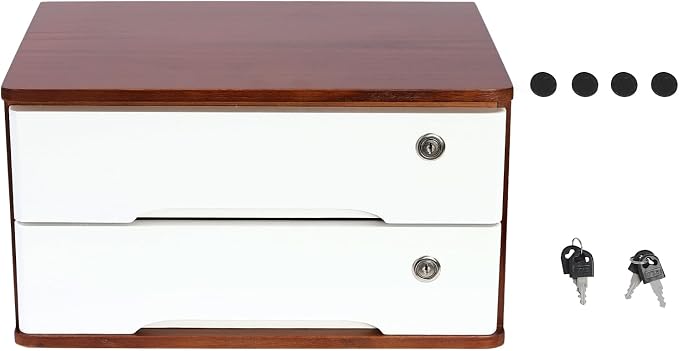 2-Tier Desktop Storage Box with Lockable Drawer, Wooden Desk Organizer for Office Supplies, Flat File Cabinet, Minimalist Design for Home & Office Use(Walnut+White)