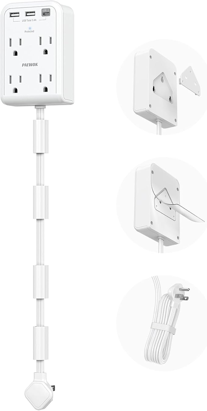 Short Power Strip 3FT - Outlet Extender Stick with 4AC Outlet and 3 USB Ports(1 Type C), Flat Wall Extension Cord with Multiple Outlets Small Surge Protector for Home Office Dorm, White