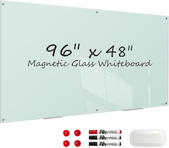 Glass Dry Erase Board, 96 x 48 Inches Magnetic Glass Whiteboard for Wall, 8' x 4' Large White Board for Office School Home Classroom, Wall Mounted