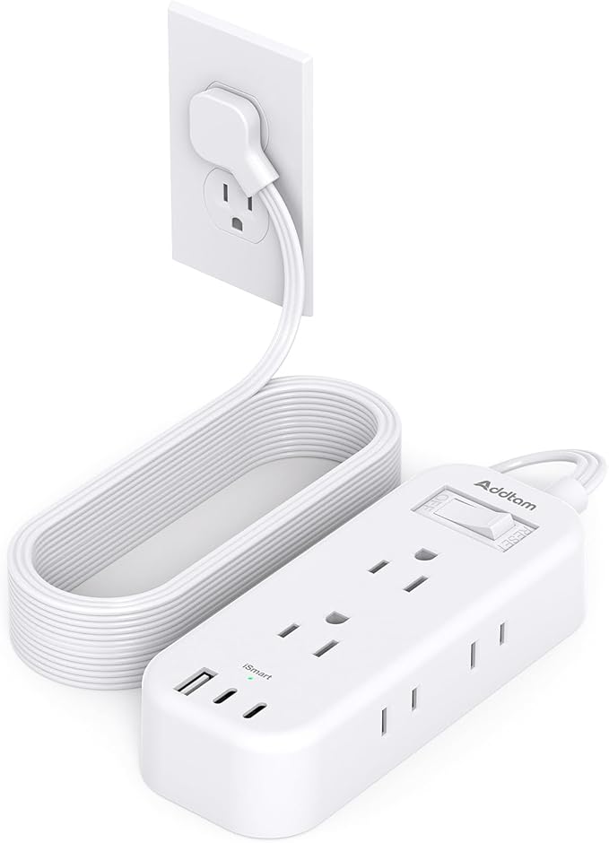 Extension Cord 15 ft - Power Strip Surge Protector, Flat Plug with 6 AC Outlet Extender 3 USB Ports (2 USB-C), 1080J, Multi Plug Outlets Desktop Charging Station for Home College Dorm Room Essentials