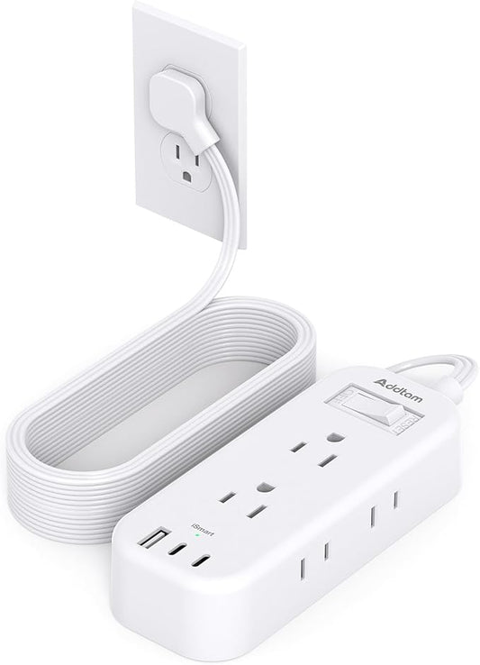 Extension Cord 15 ft - Power Strip Surge Protector, Flat Plug with 6 AC Outlet Extender 3 USB Ports (2 USB-C), 1080J, Multi Plug Outlets Desktop Charging Station for Home College Dorm Room Essentials