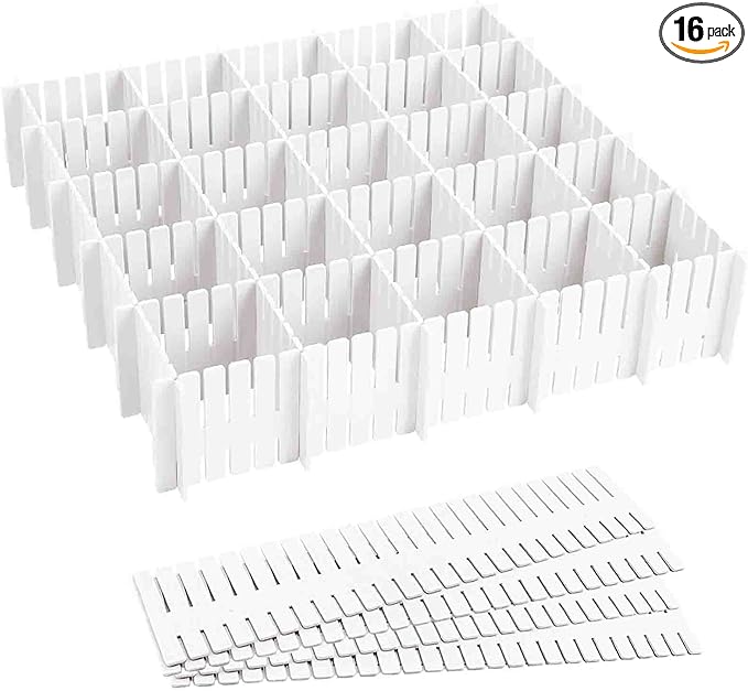 16 Pcs Drawer Divider Adjustable DIY Storage Organizer Separator for Tidying Clutter Cutlery Underwear Socks Clothes Dresses Desk & Box in Kitchen Bathroom Bedroom Office (Cut at Will)