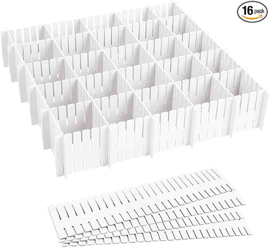 16 Pcs Drawer Divider Adjustable DIY Storage Organizer Separator for Tidying Clutter Cutlery Underwear Socks Clothes Dresses Desk & Box in Kitchen Bathroom Bedroom Office (Cut at Will)