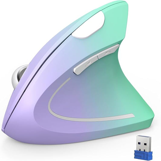 TECKNET Ergonomic Mouse Vertical Wireless with 2.4GHz USB A Receiver | 4800 DPI Optical Tracking, 12 Months Battery Operated, Carpal Tunnel Mice, 6 Buttons, Quiet, for Laptop, PC - Green Purple