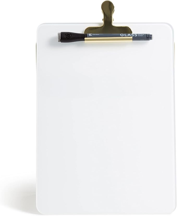 U Brands Glass Dry-Erase Desktop Easel, Tempered Glass, Gold Metal Stand, Removable Clip (Pack of 2)