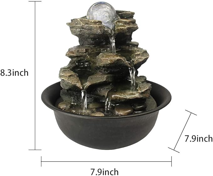 8.3” High Tabletop Water Fountain with Rotating Crystal Ball and LED Light, Indoor Zen Waterfall Decor for Home Office Bedroom Meditation Relaxation