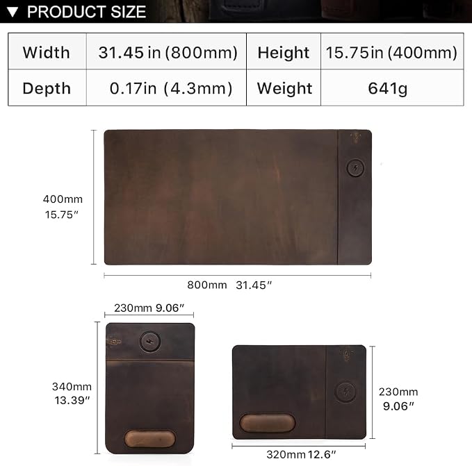 Hiram Crazy Horse Leather Desk Mat with 15W Wireless Charging - Waterproof and High-End Cowhide Texture for a Comfortable Office Experience(31in x 16in)