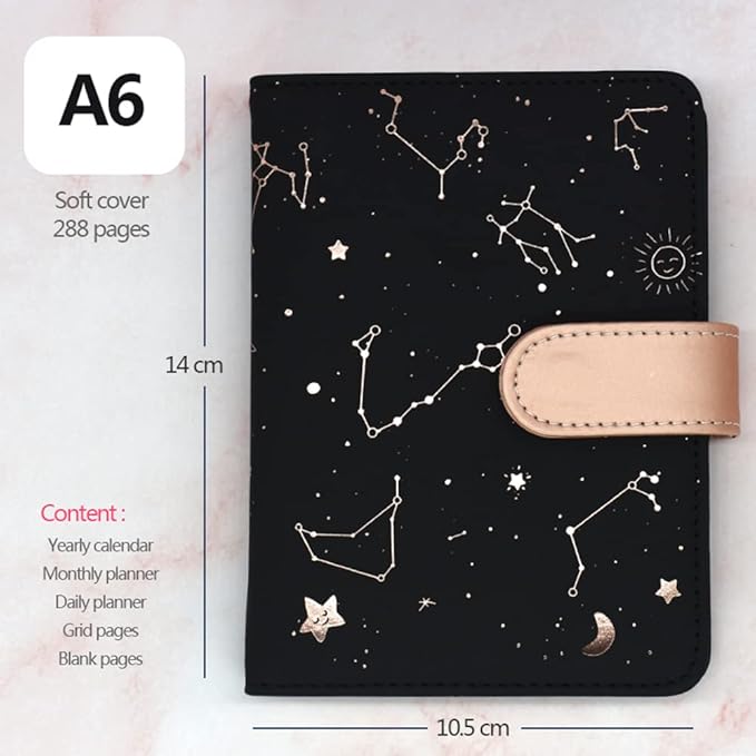A6 Undated Daily Planner Starry Sky Journal Monthly & Daily Planner Small Diary Agenda, Self-filling Date, Soft Pu Leather Cover, Size 64K 4.1''x5.5'', Black+White