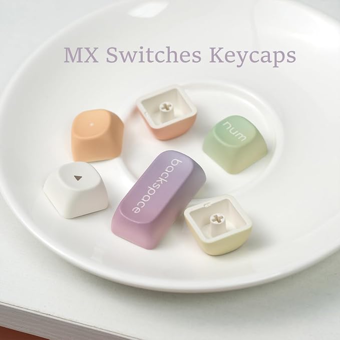 MOA Profile Keycaps, Rainbow PBT Keycap, Minimalist White Cute Round Keyboard Keycap, Dye-Sublimation Colorful Custom Key Cap for 61/64/68/84/87/100/104/108 Cherry MX Mechanical Keyboards(124 Keys)
