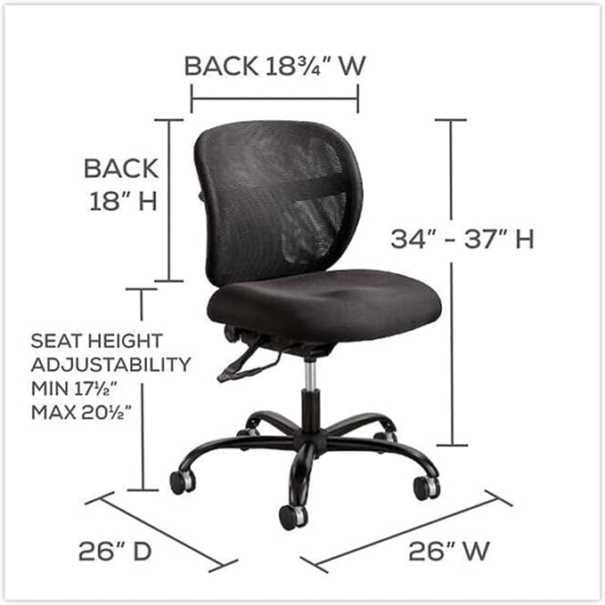 UrbanPro Intensive Use Mesh Task Office Chair, Black Vinyl, 500 lb Weight Capacity, Adjustable Back Height, T-Pad Arms, Ergonomic Design, Breathable Mesh, 24/7 Heavy-Duty Seating for Home Office