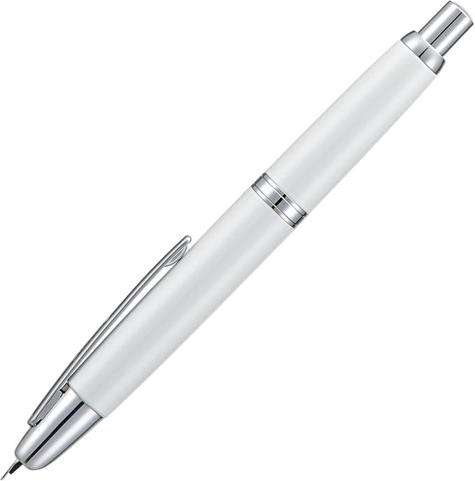 Jinhao 10 Press Fountain Pen with Box, Pearl White Retractable Medium Nib with Ink Converter Set (Silver Clip)