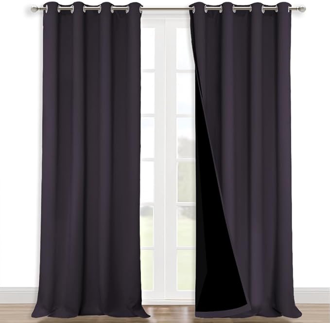NICETOWN 100% Blackout Curtains for Windows, Pack of 2, 52" W x 108" L, Greyish Purple, Super Heavy-Duty Black Lined Total Darkness Drapes for Bedroom, Privacy Assured Window Treatment for Patio